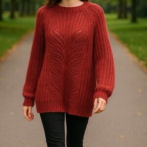 Elsamanda Made in Italy Alpaca‎ Blend Open Knit Sweater Large Red Mohair  NWT